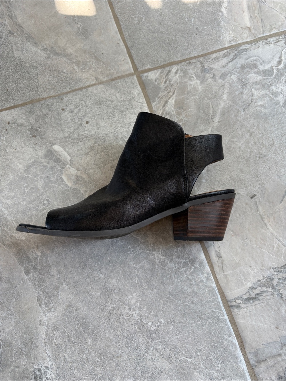 Lucky Brand Black Leather Peep-Toe Slingback Mule with Stacked Heel